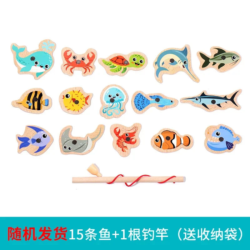 Juego de pesca de madera Montessori: juguete educativo sobre la vida marina