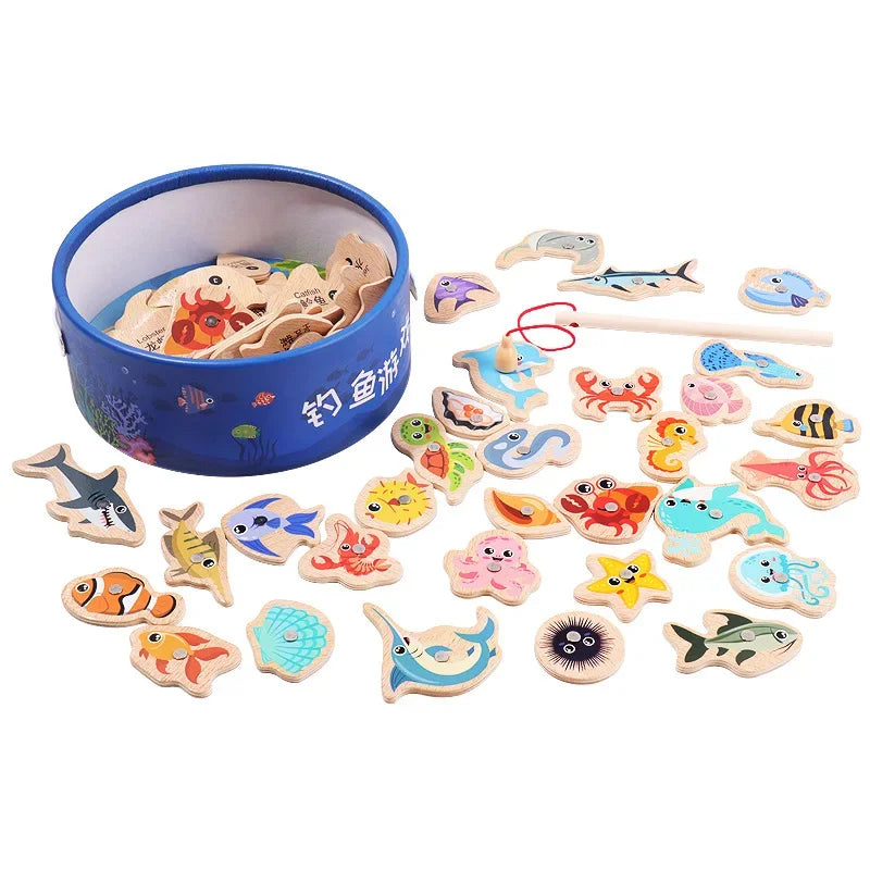 Juego de pesca de madera Montessori: juguete educativo sobre la vida marina