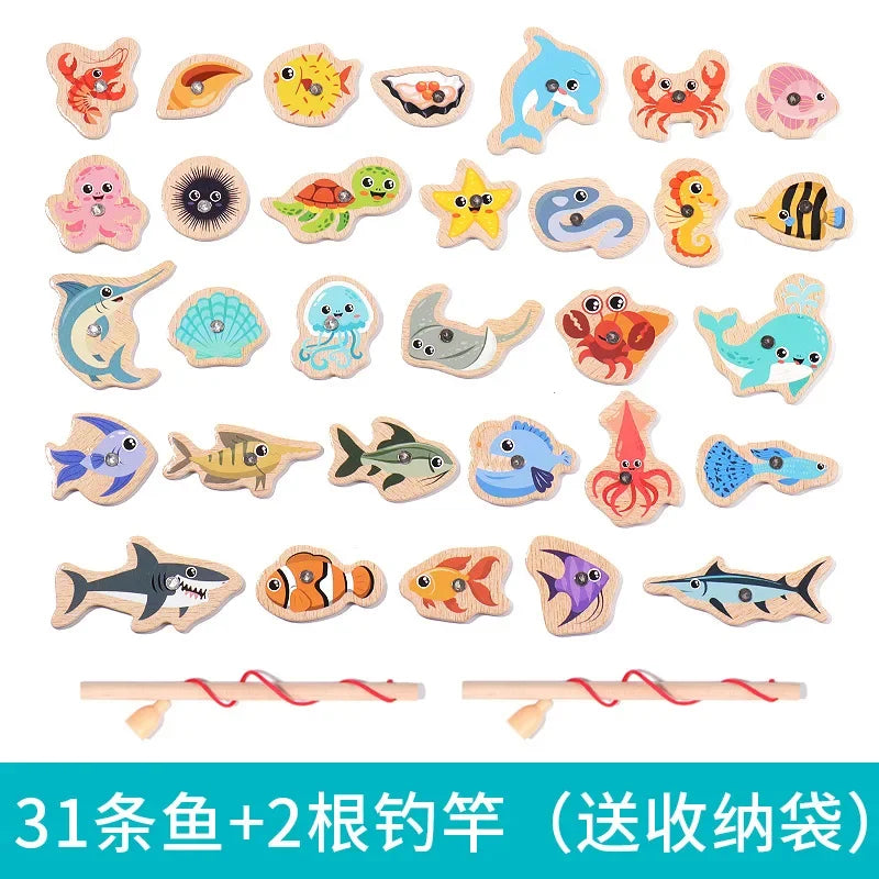 Juego de pesca de madera Montessori: juguete educativo sobre la vida marina